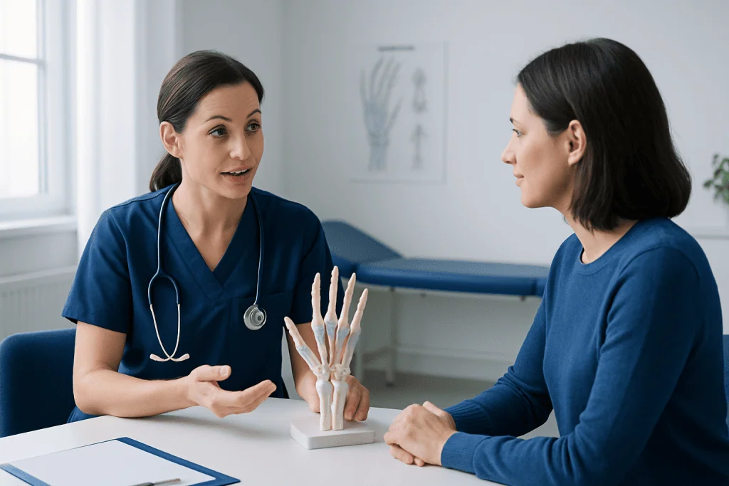 Doctor explaining hand anatomy to patient in a medical consultation.