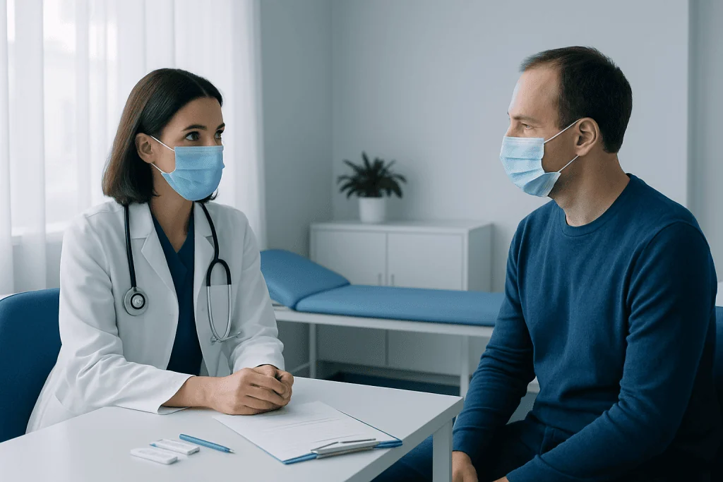 Doctor and patient wearing masks during consultation at Acibadem Hospital.
