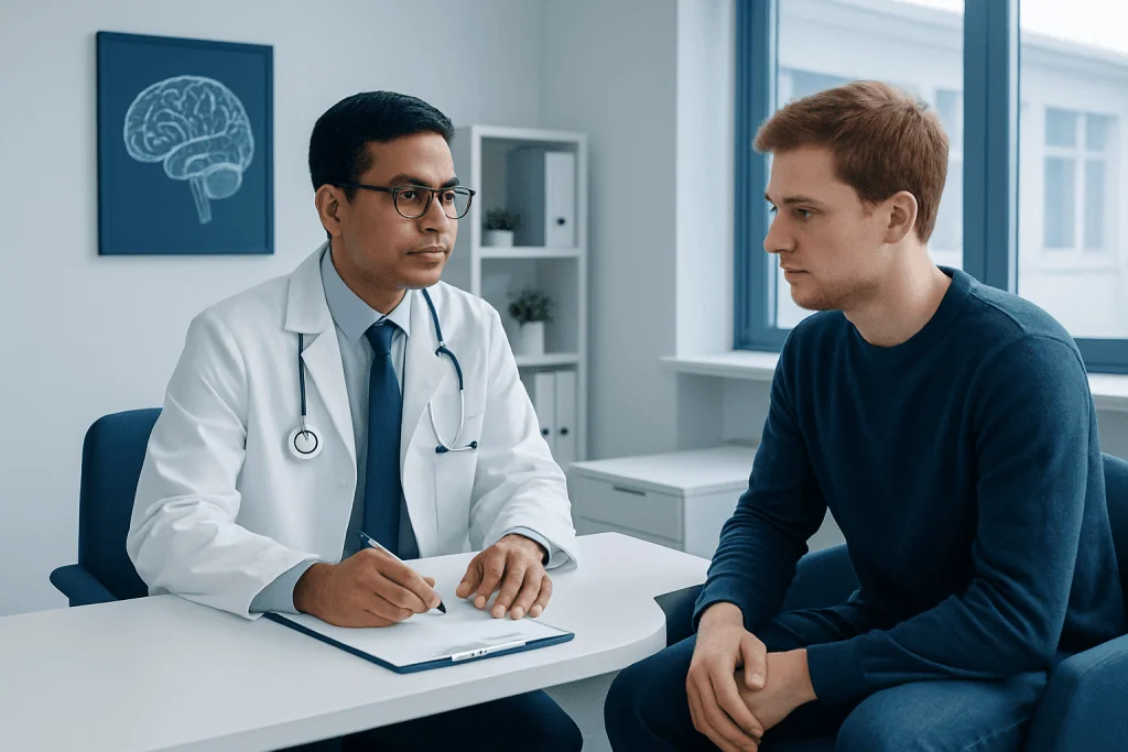 Doctor consulting with young male patient in a modern clinic setting.