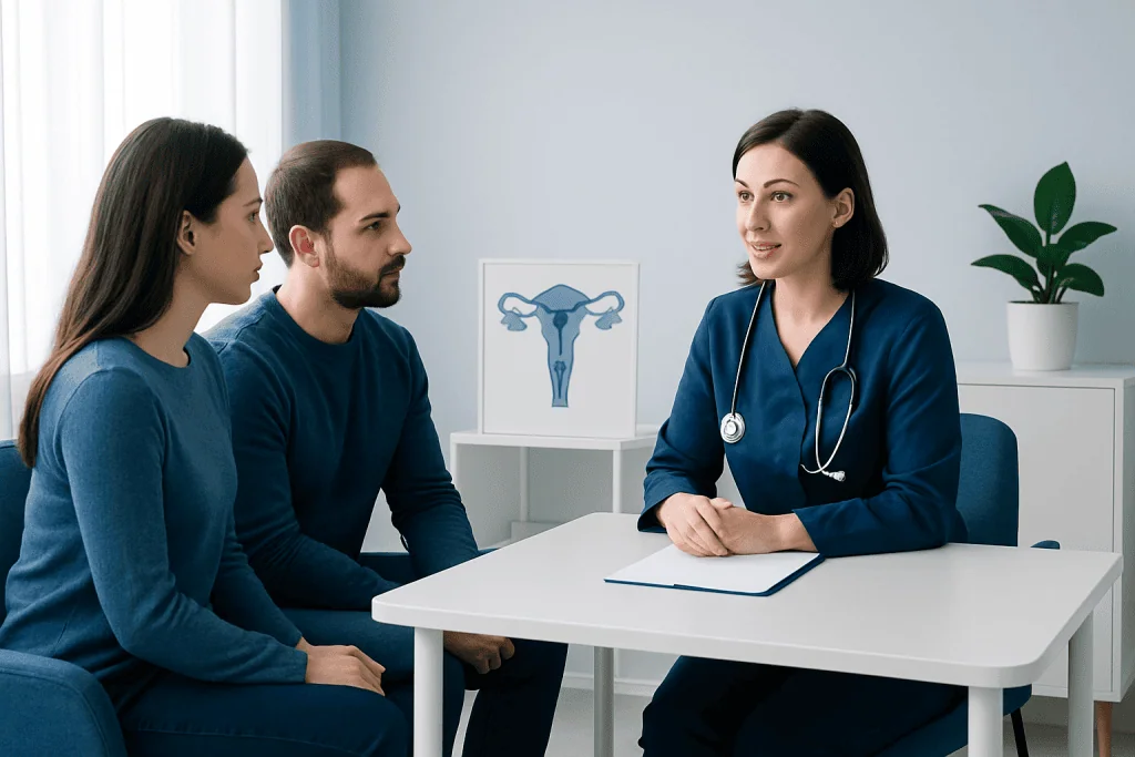 Fertility consultation at Acibadem Hospitals Group with doctor and couple.