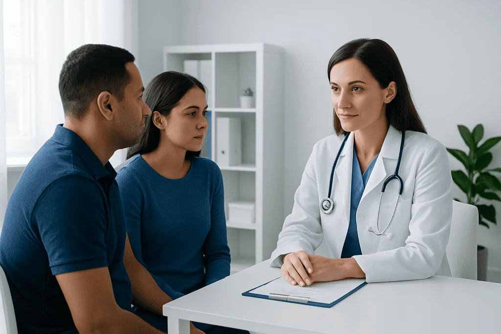 Doctor consulting with couple about fertility treatment options.