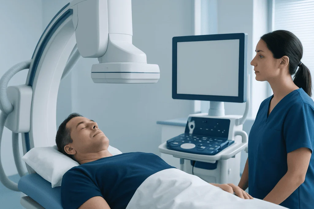 Patient undergoing neurointervention procedure in a hospital setting.