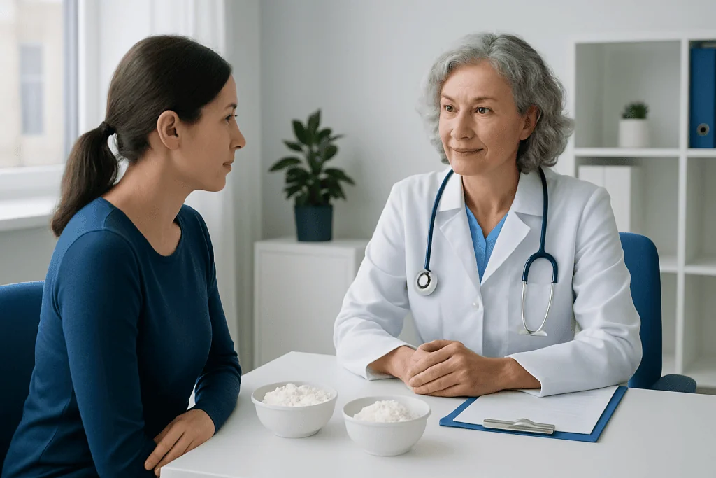 Doctor consulting with a patient about dairy products in a clinic setting.