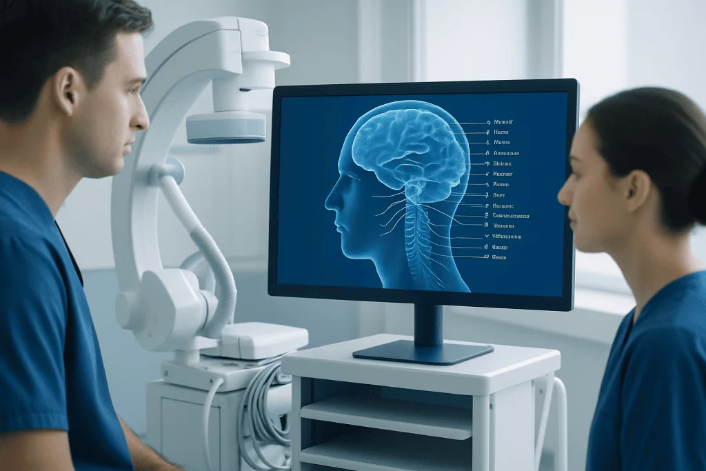 Medical professionals analyzing a brain diagram on a computer screen at Acibadem Hospitals.