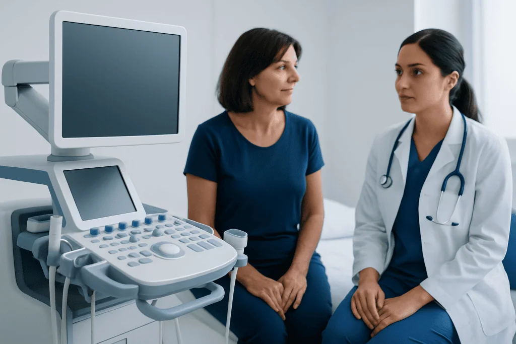 Doctor consulting patient in a medical examination room with ultrasound equipment.