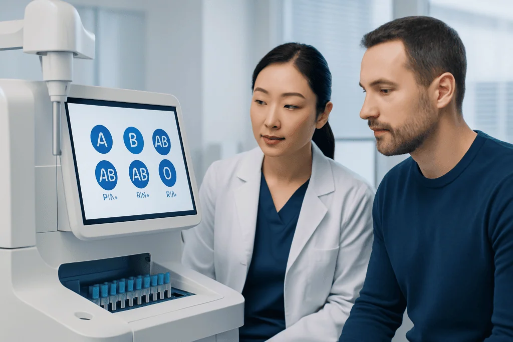 Medical professional explains blood types to a patient using a digital screen.