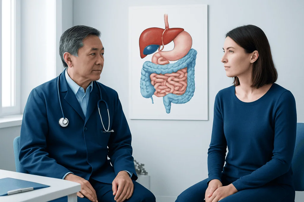 Doctor explaining digestive organs to a patient in a medical consultation room.