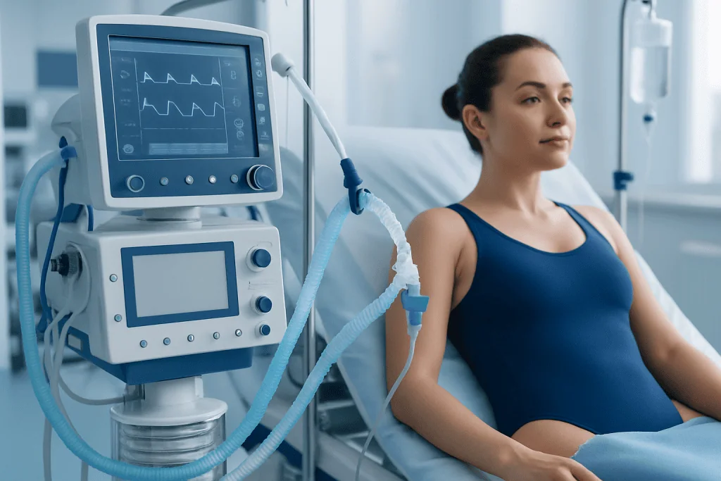Young woman in hospital bed connected to ventilator and monitoring equipment.