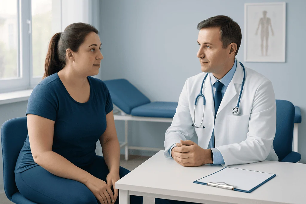 Doctor consulting with a female patient in a medical office.