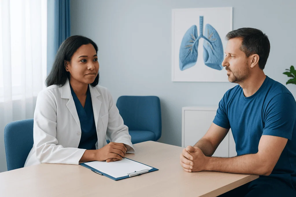 Doctor consulting with patient about lung health in a medical office.