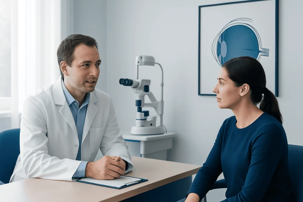 Ophthalmologist consulting with a patient about eye health and surgery options.
