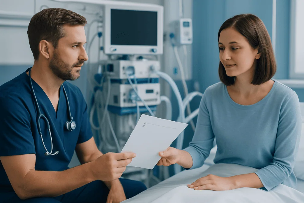 Doctor handing discharge papers to a patient in hospital room.