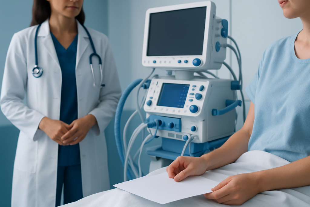 Hospital room with medical equipment and healthcare professionals.