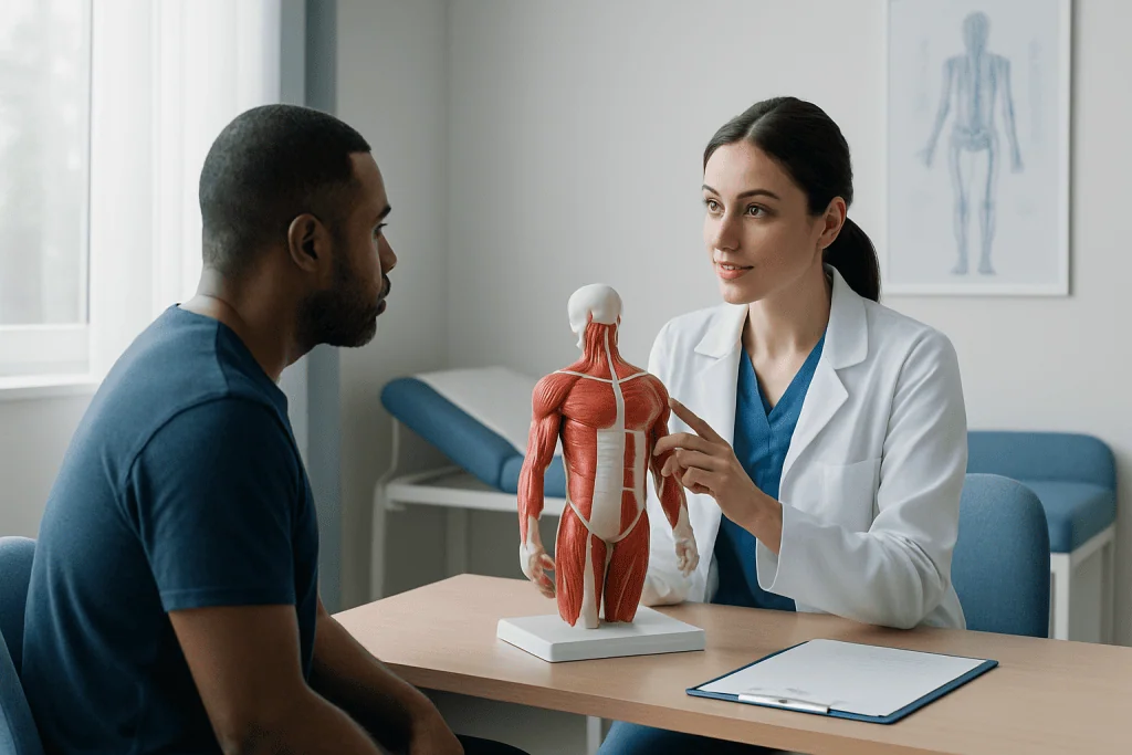 Doctor explaining human muscular anatomy to a patient in a clinic.