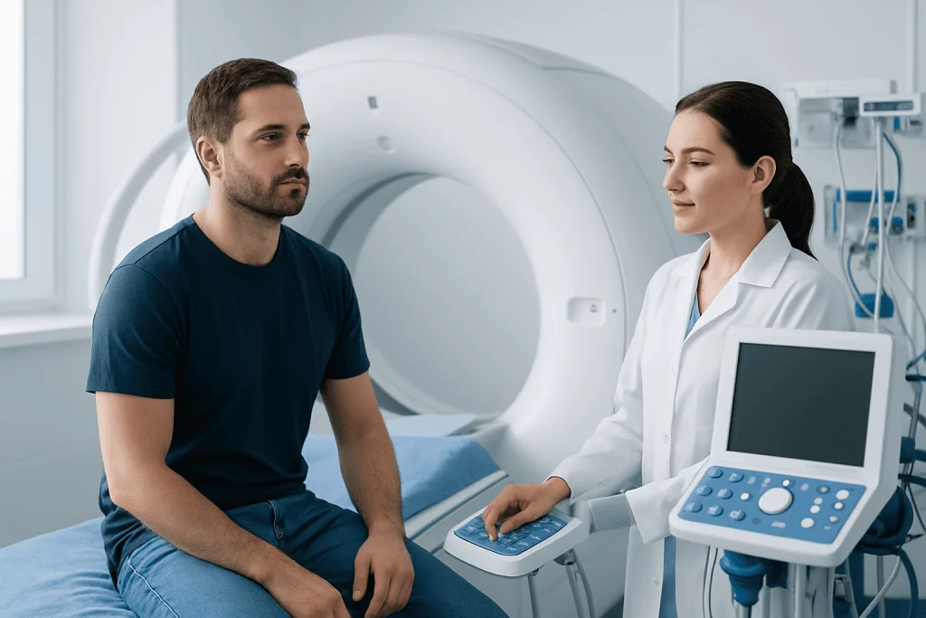 Patient undergoing MRI scan at Acibadem Hospital in Turkey.