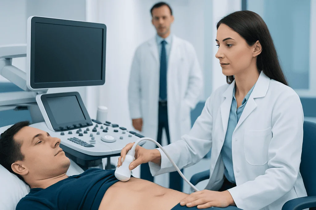 Doctor performing an ultrasound exam on a patient in a hospital setting.