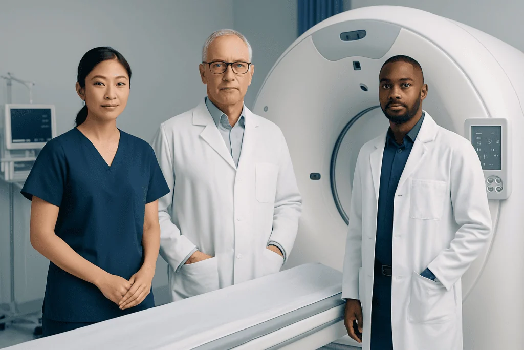 Medical team with MRI scanner at Acibadem Hospitals Group.