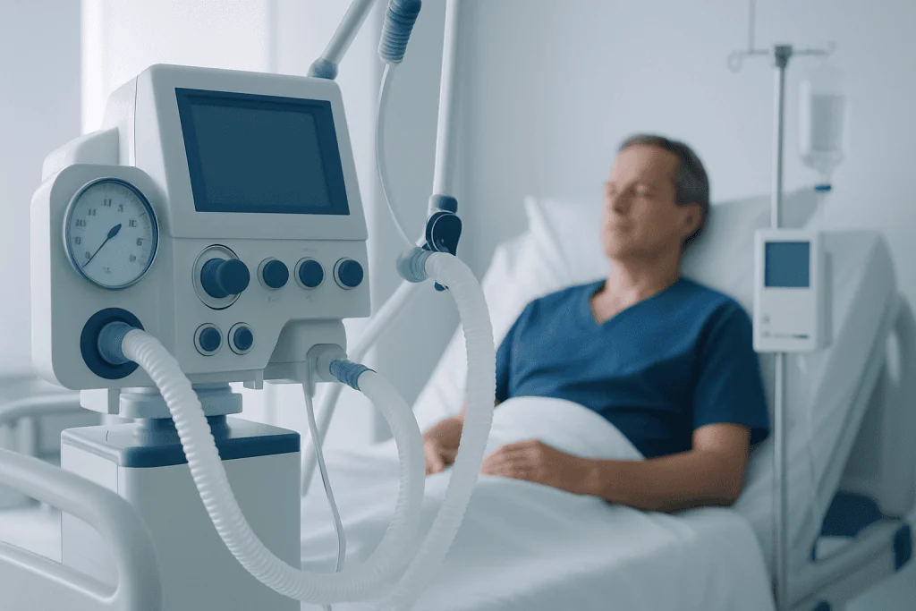 Patient in hospital bed with ventilator and medical equipment.