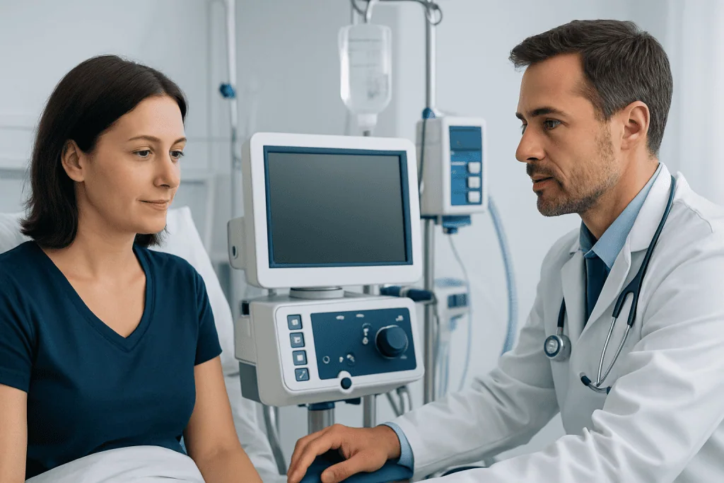 Doctor consulting female patient in hospital room with medical equipment.