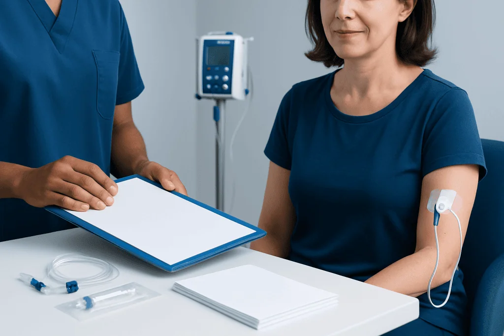 Patient with a PICC line after treatment at Acibadem Hospitals Group in Turkey.
