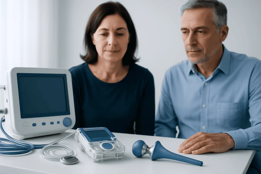 Medical professionals with ultrasound and medical devices on table.