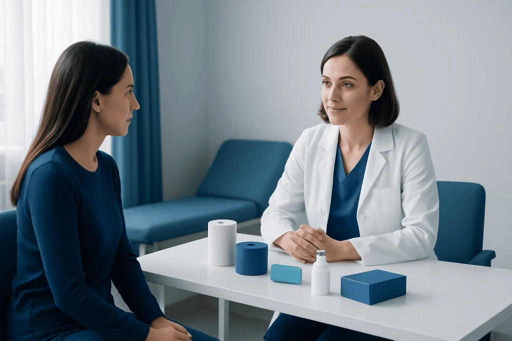 Doctor consulting with patient in a medical office at Acibadem Hospital.