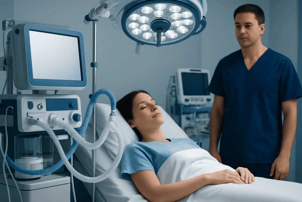 Patient resting in hospital bed with medical staff and equipment nearby.