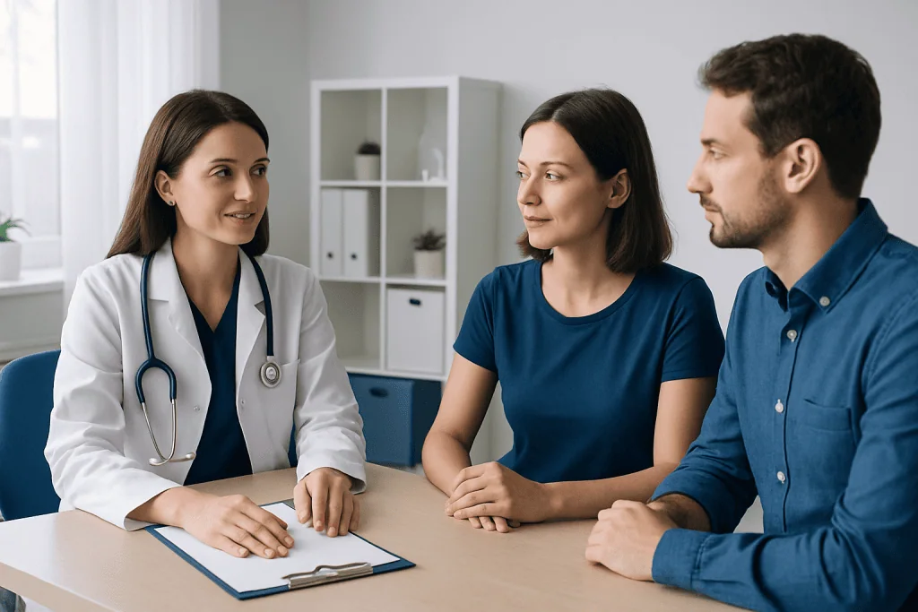 Doctor consulting with a woman and a man in a medical office.