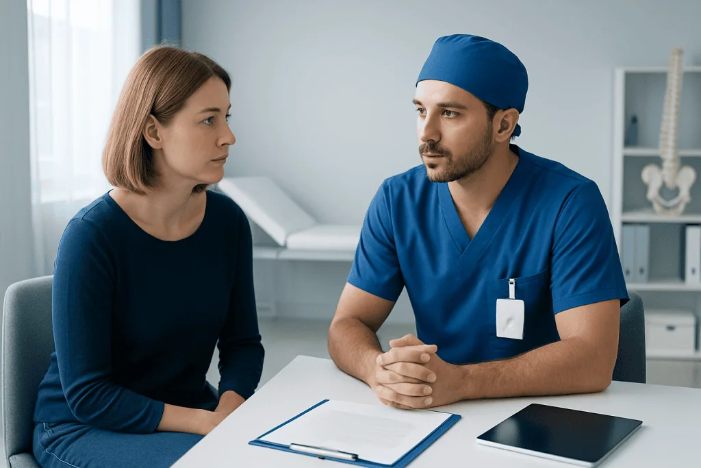 Doctor consulting with a female patient in a medical office setting.