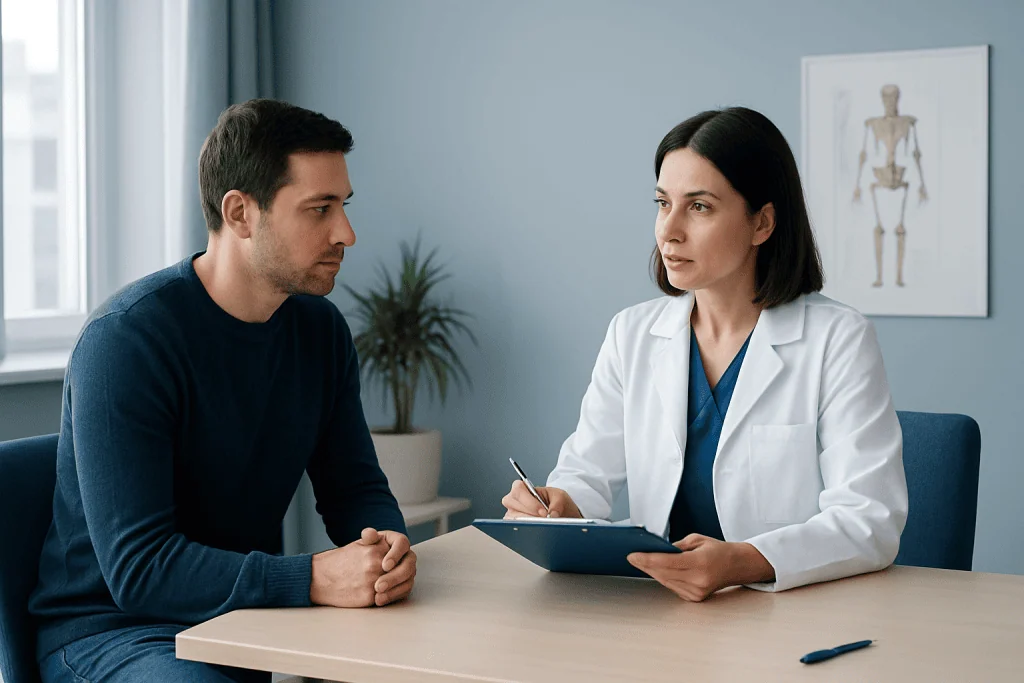 Doctor consulting with patient in a medical office setting.