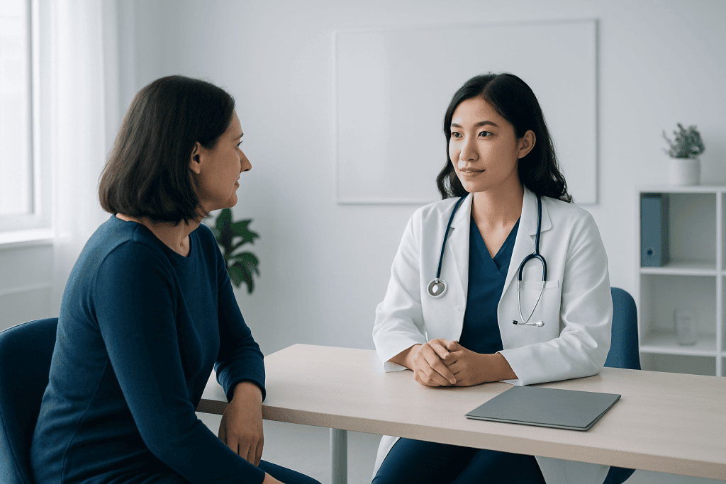 Doctor consulting a patient in a modern hospital room.