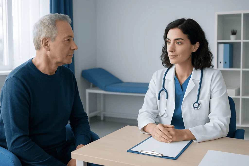 Doctor consulting with a male patient in a medical office setting.