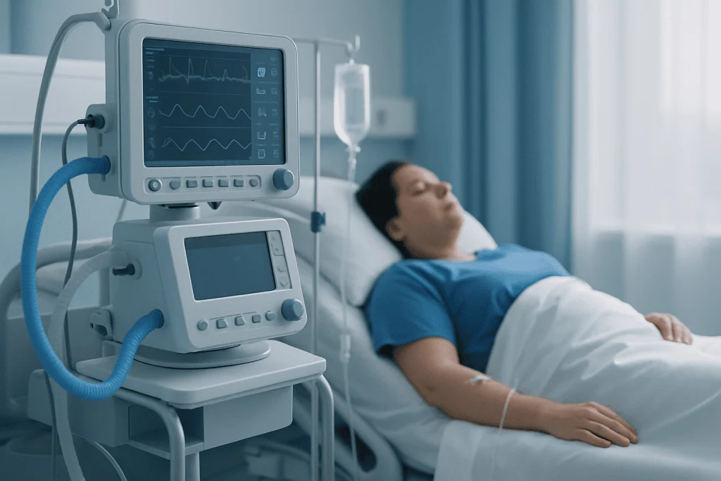 Patient resting in hospital bed with monitoring equipment after gastric sleeve surgery.