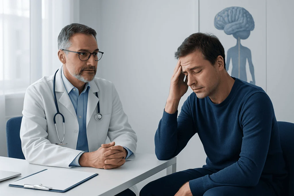 Doctor consulting with a patient experiencing headache or sleep issues.