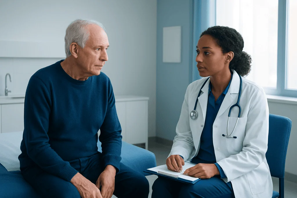 Doctor consulting with an elderly male patient in a hospital room.