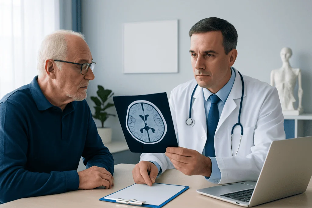 Doctor explaining brain scan to elderly patient in a medical consultation.