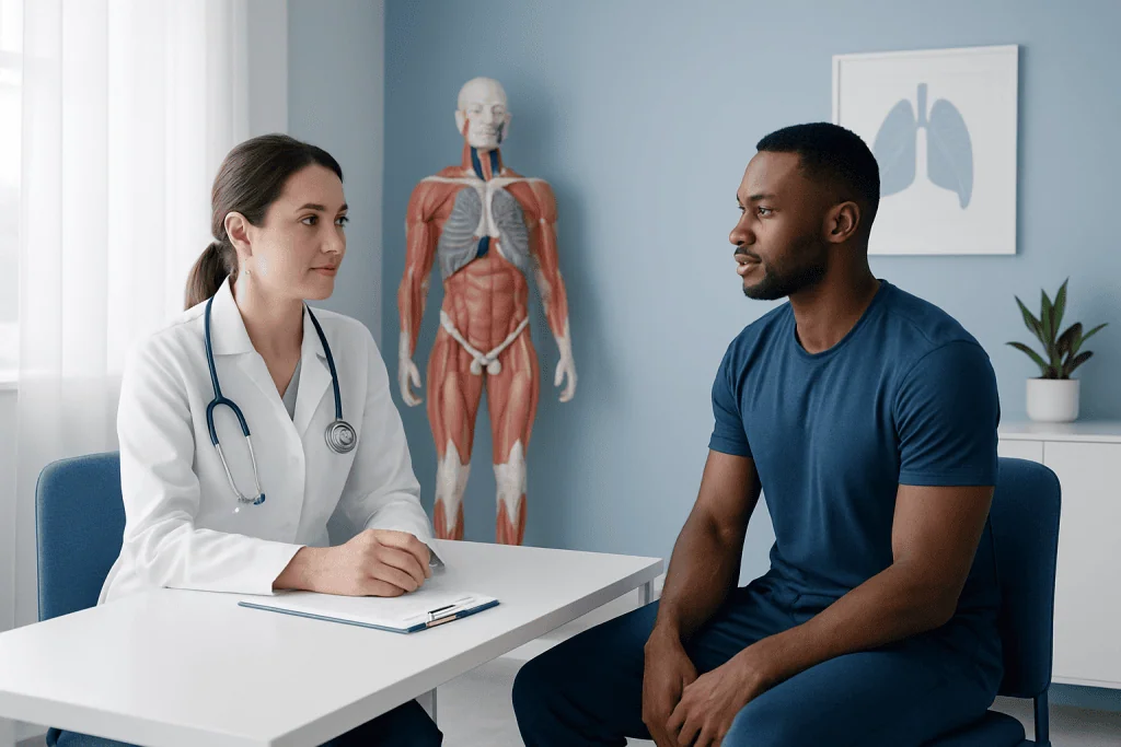 Doctor consulting with patient in a medical office with anatomical model and lung diagram.
