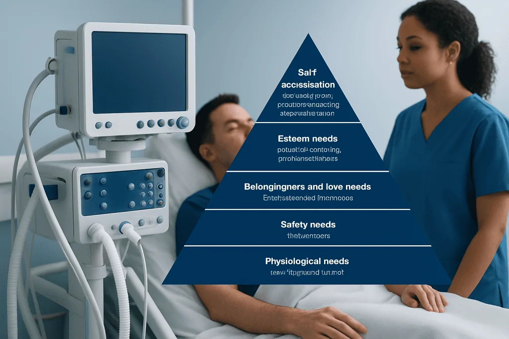 Maslow's hierarchy of needs in a medical setting with a patient and nurse.