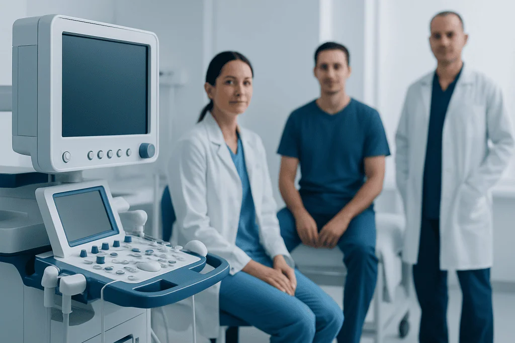 Medical team with ultrasound machine in hospital setting.