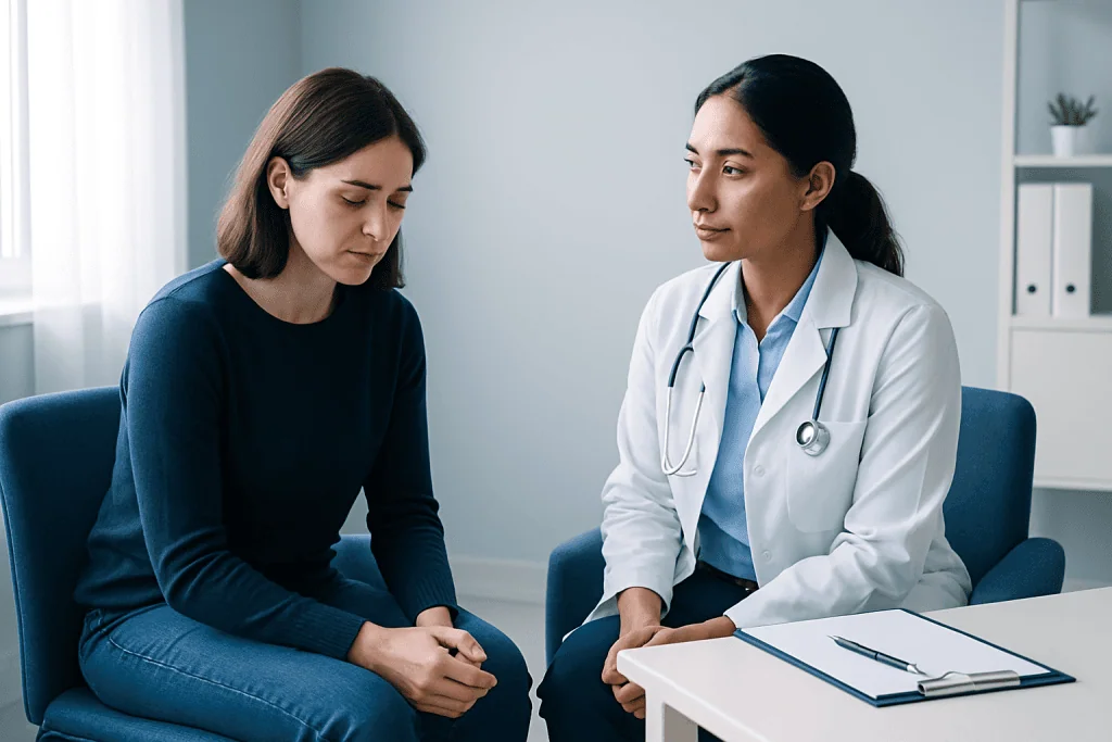 Compassionate doctor listening to a patient in a consultation room.