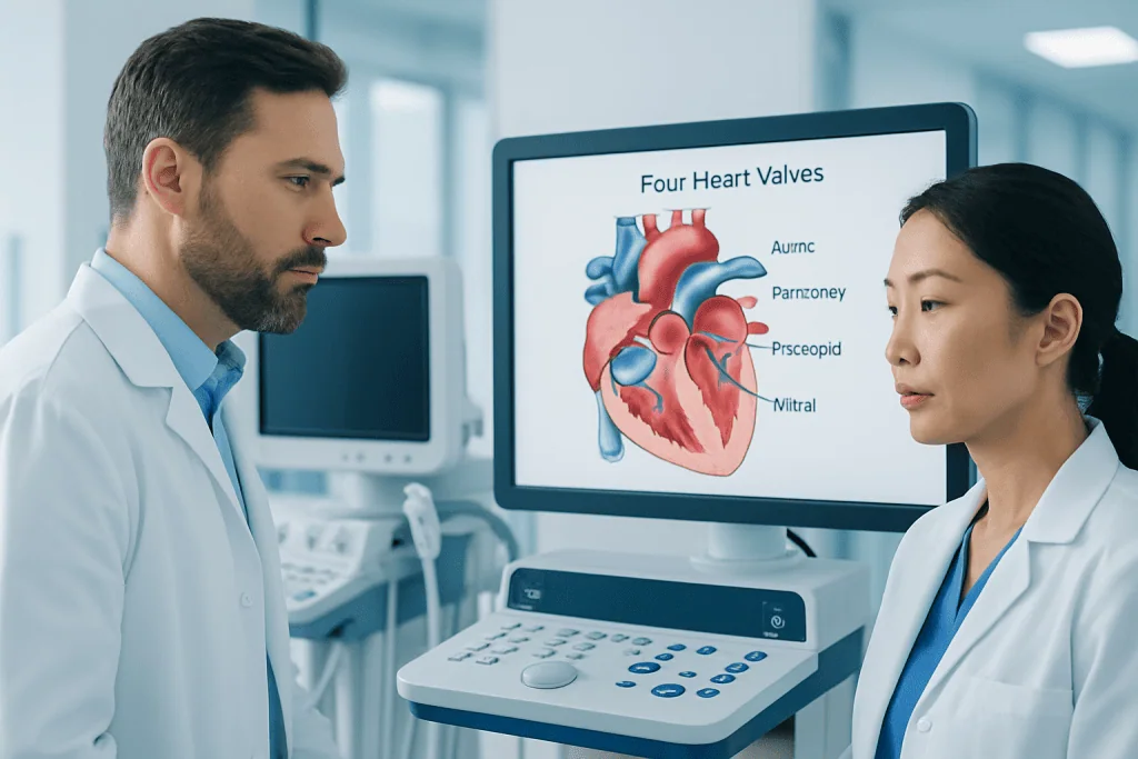 Doctors discussing heart valves in a medical setting with a diagram on screen.