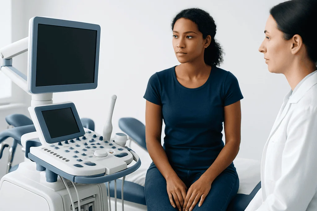 Woman undergoing a gynecological ultrasound examination in a medical clinic.