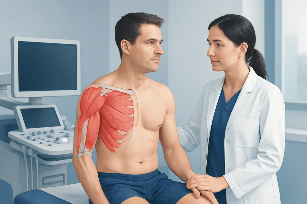 Doctor examining patient's shoulder muscles in a clinical setting.