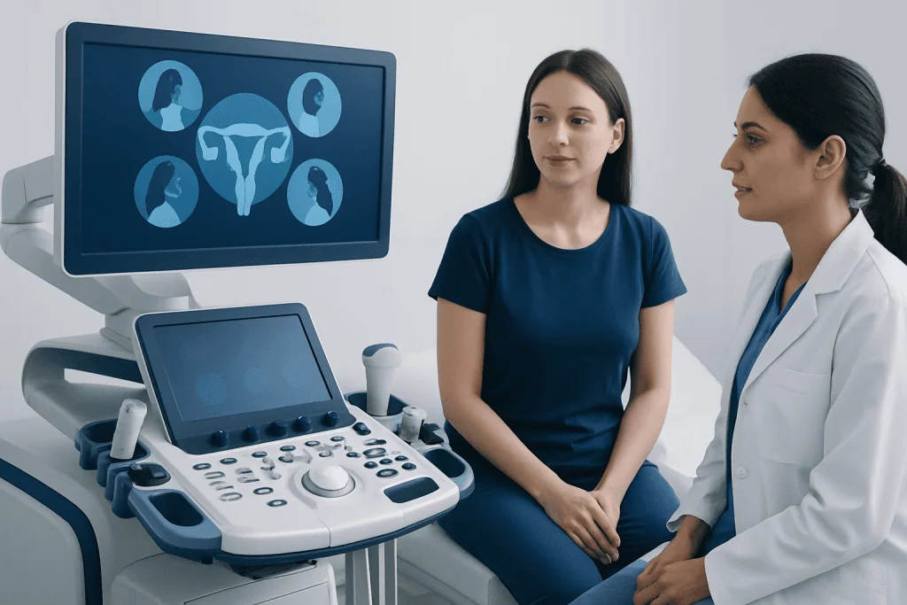 Gynecological ultrasound examination in a medical clinic setting.