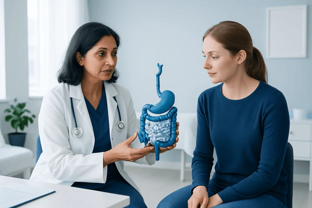 Doctor explaining digestive system model to patient in clinic.