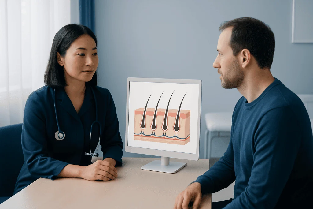 Doctor explaining hair follicle structure to patient in consultation room.