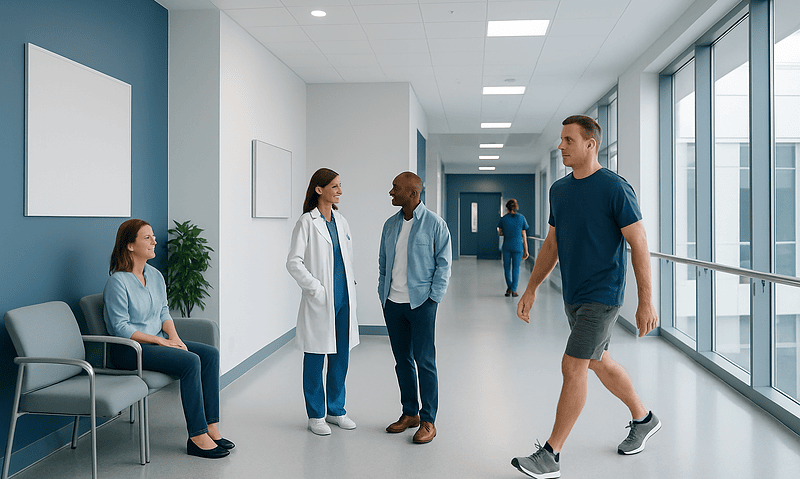 Patients and healthcare professionals in a hospital corridor.