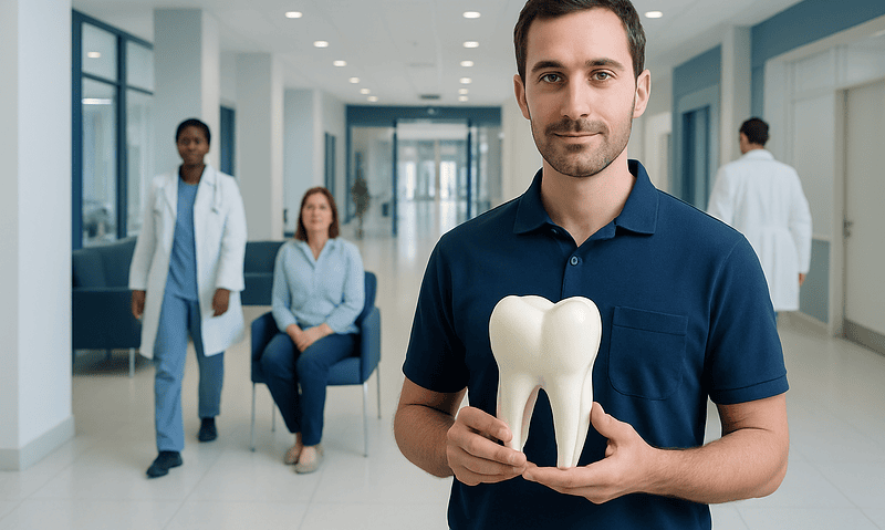 Dentist holding a large tooth model in a modern clinic setting.