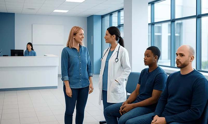 Doctor consulting with a woman and two patients in a modern hospital waiting area.