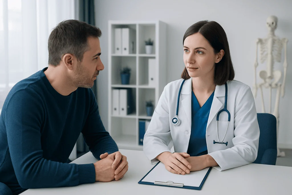 Doctor consulting with a patient in a modern medical office.